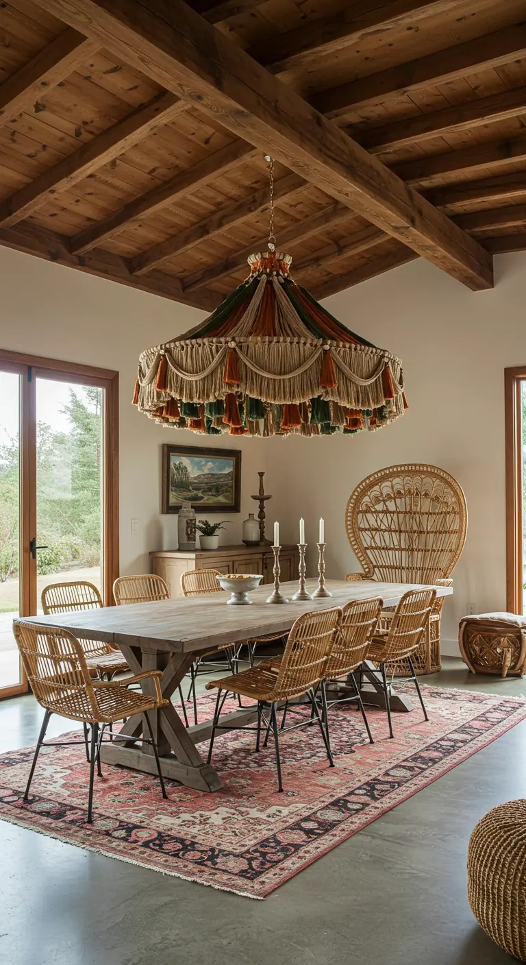 Rustic dining room with wood beams and an earth-toned tassel chandelier.