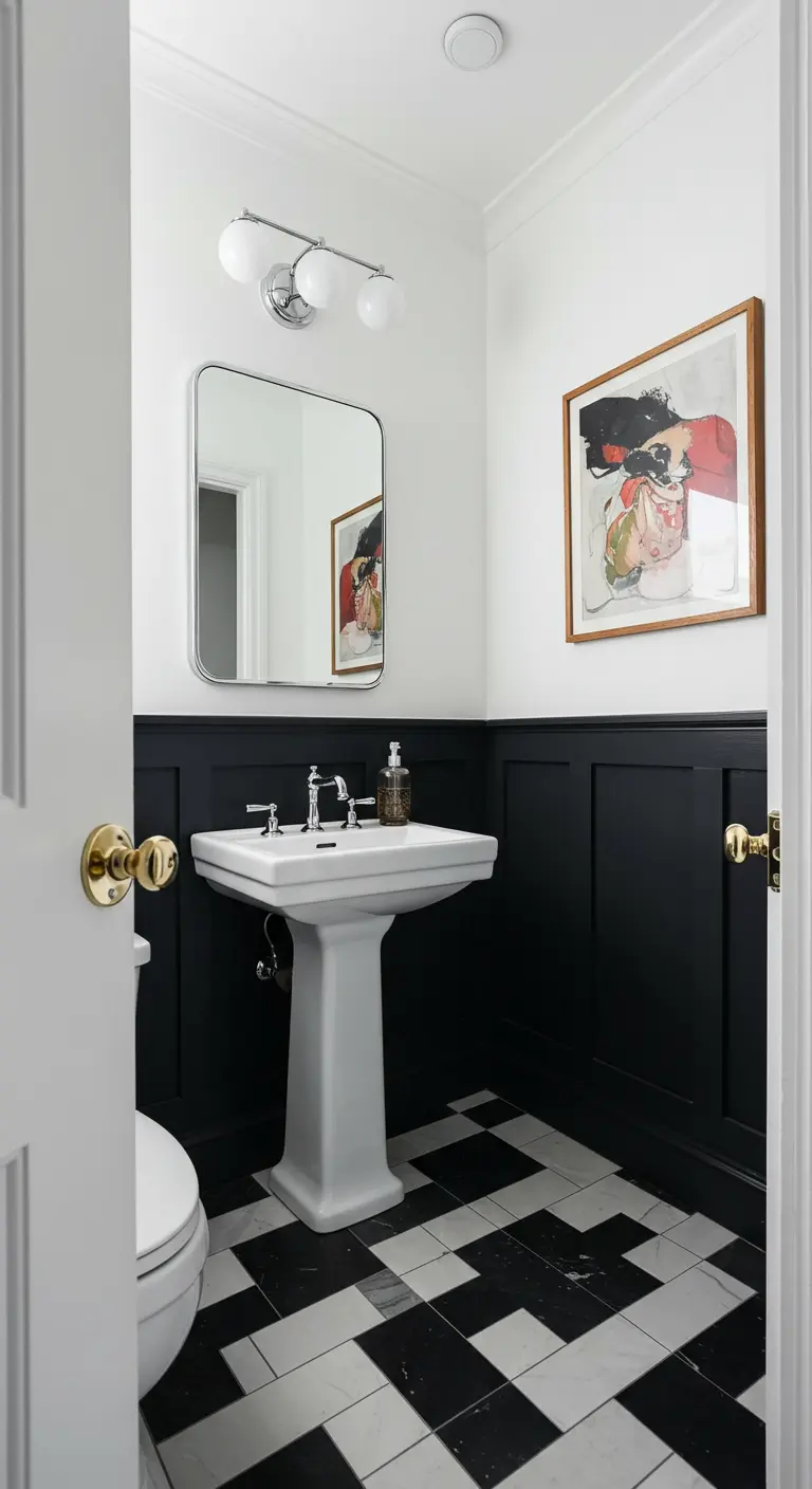 Powder room with black wainscoting and a unique geometric black and white floor.