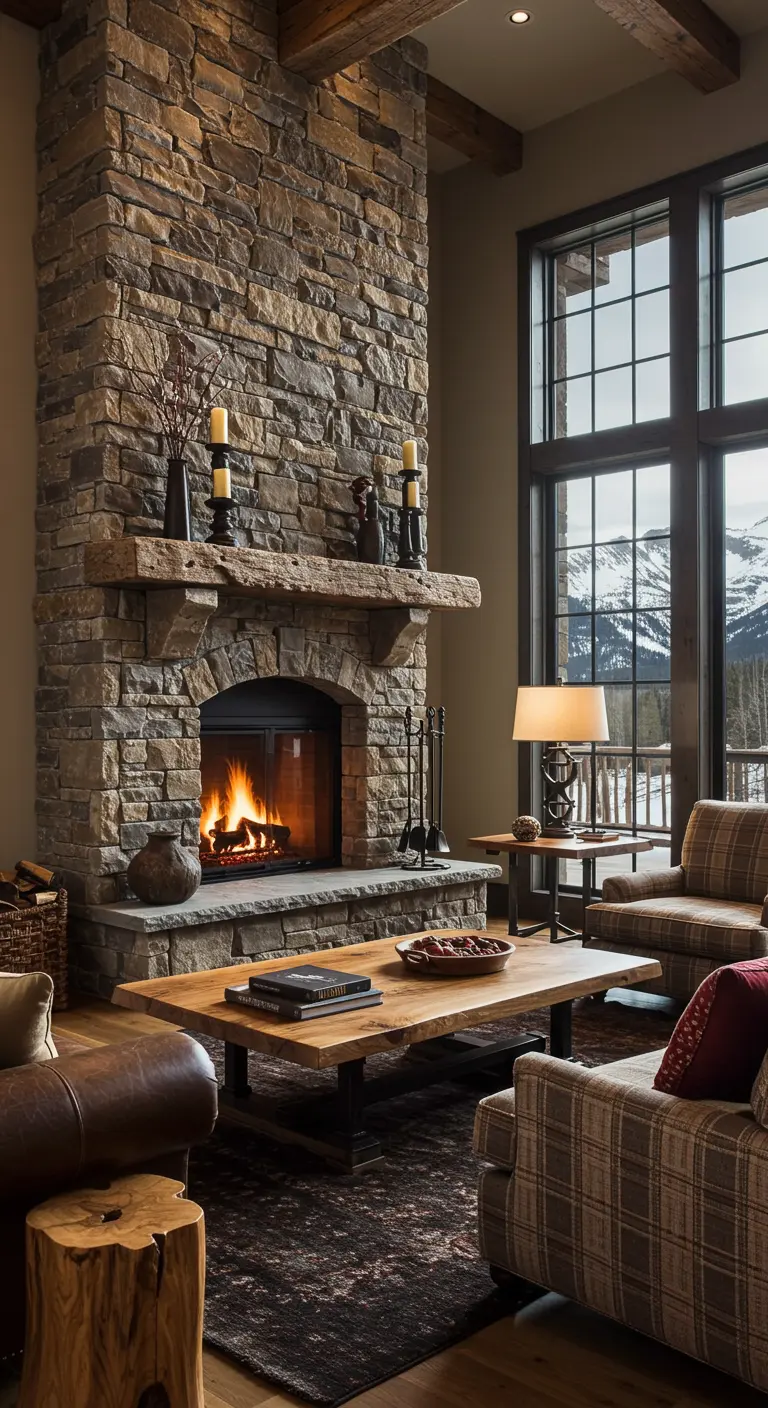 Lodge-style living room with a massive stone fireplace, plaid chairs, and a live-edge coffee table.