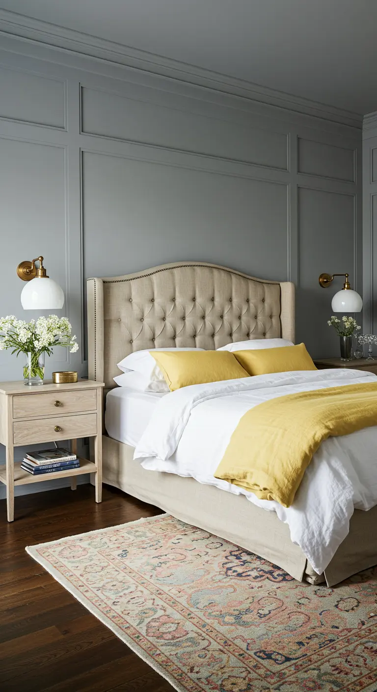 Gray traditional bedroom with a tufted headboard and bright yellow accents.