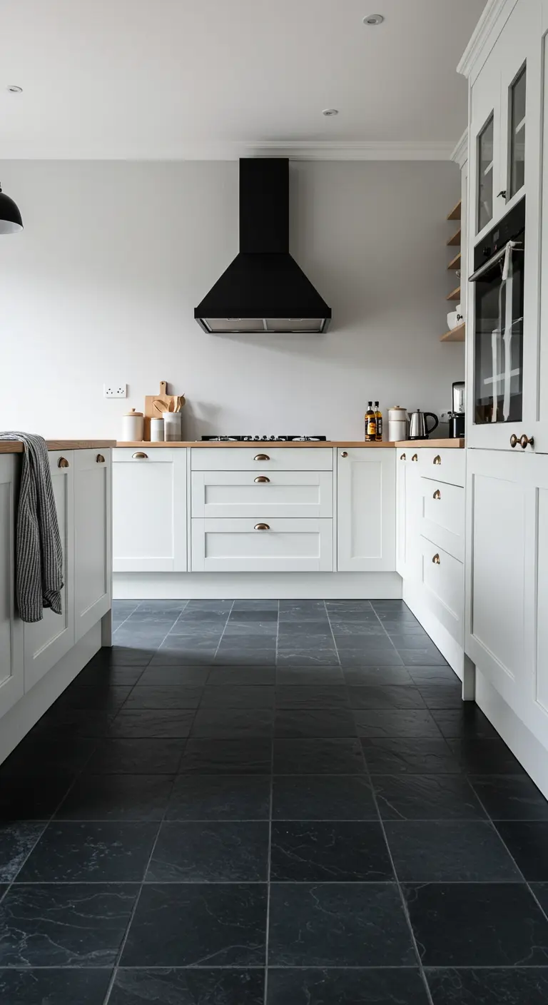 White shaker kitchen with a contrasting black slate tile floor and black range hood.