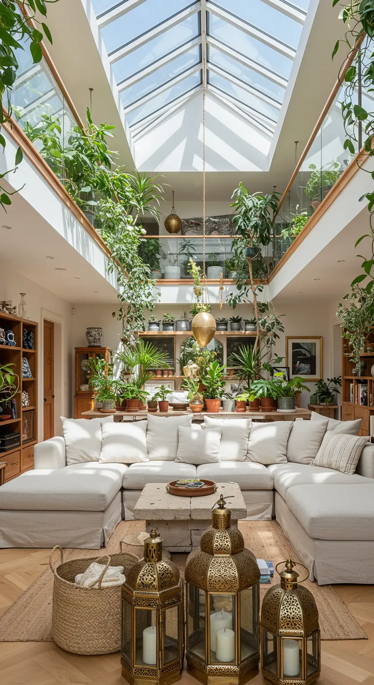 A bright, airy atrium living room with a large sectional and several Moroccan floor lanterns.