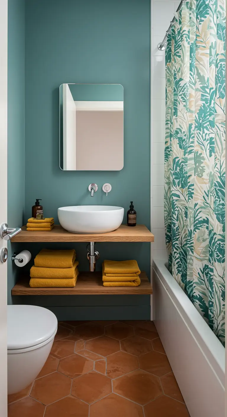 Bathroom with teal walls, terracotta hex tile floor, and stacked mustard towels.
