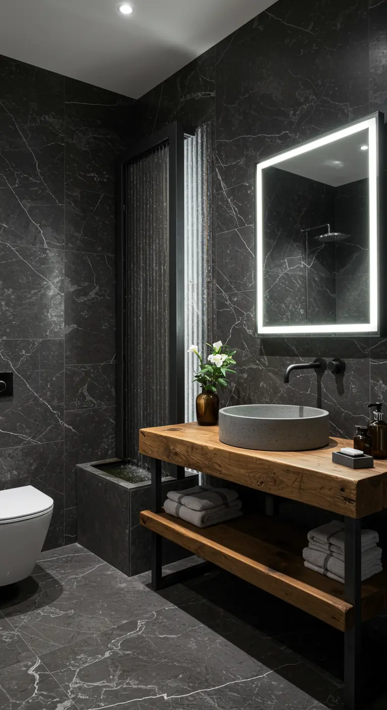 Dark marble bathroom with a rustic live-edge wood vanity, black fixtures, and a waterfall feature.