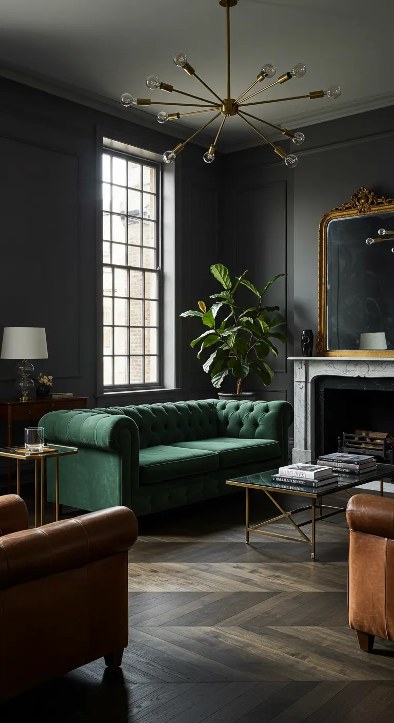 Living room with charcoal walls, an emerald green velvet sofa, and a brass sputnik chandelier.