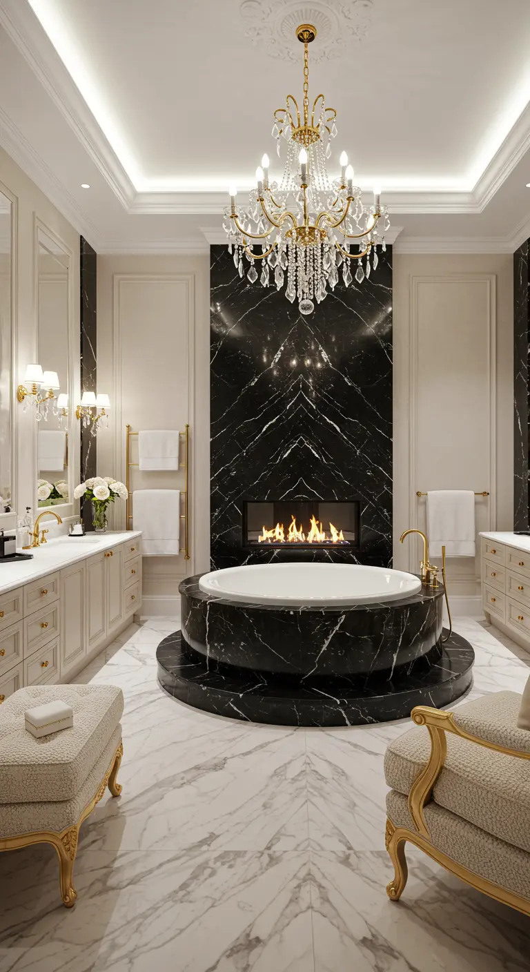 Luxurious bathroom with a fireplace, crystal chandelier, and central round tub.