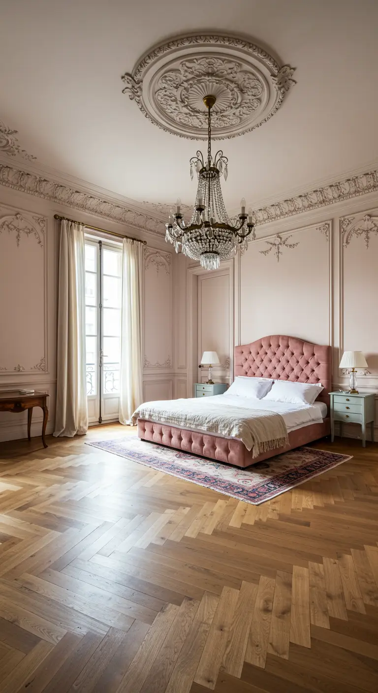 Parisian-style bedroom with blush walls, ornate mouldings, and a crystal chandelier.