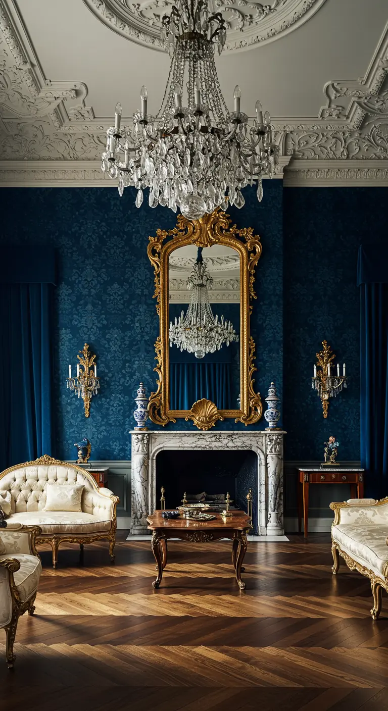 Gilt rococo mirror over a marble fireplace in a deep blue room with a crystal chandelier.