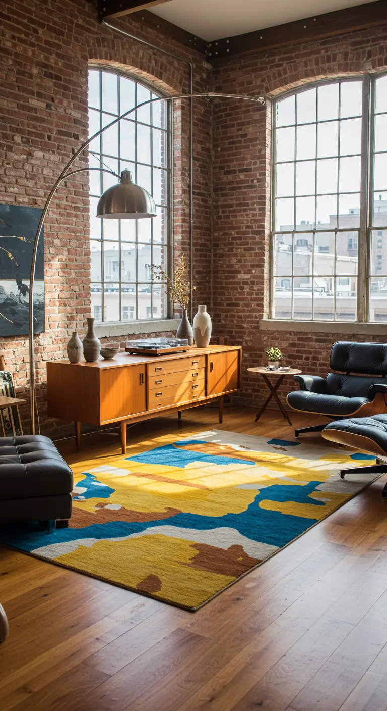 Teak credenza and a bold yellow and blue rug in a brick-walled industrial loft.