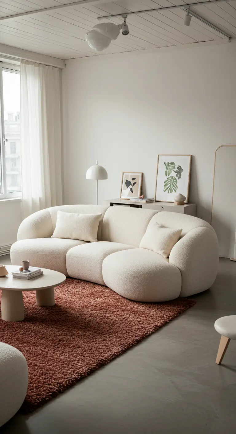 A curved white bouclé sofa on a deep rust-colored high-pile shag rug.