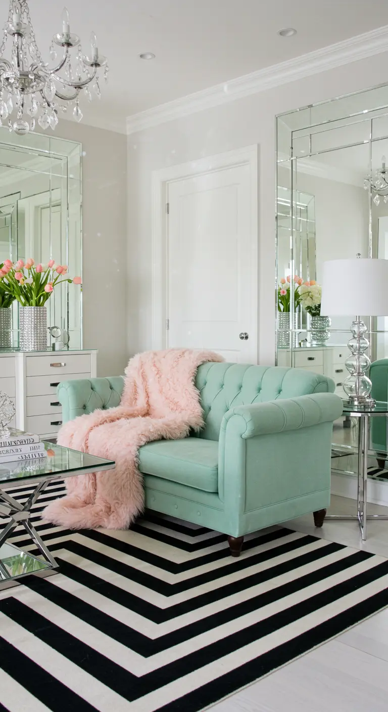 A glam room with a mint Chesterfield sofa on a bold black-and-white chevron rug.