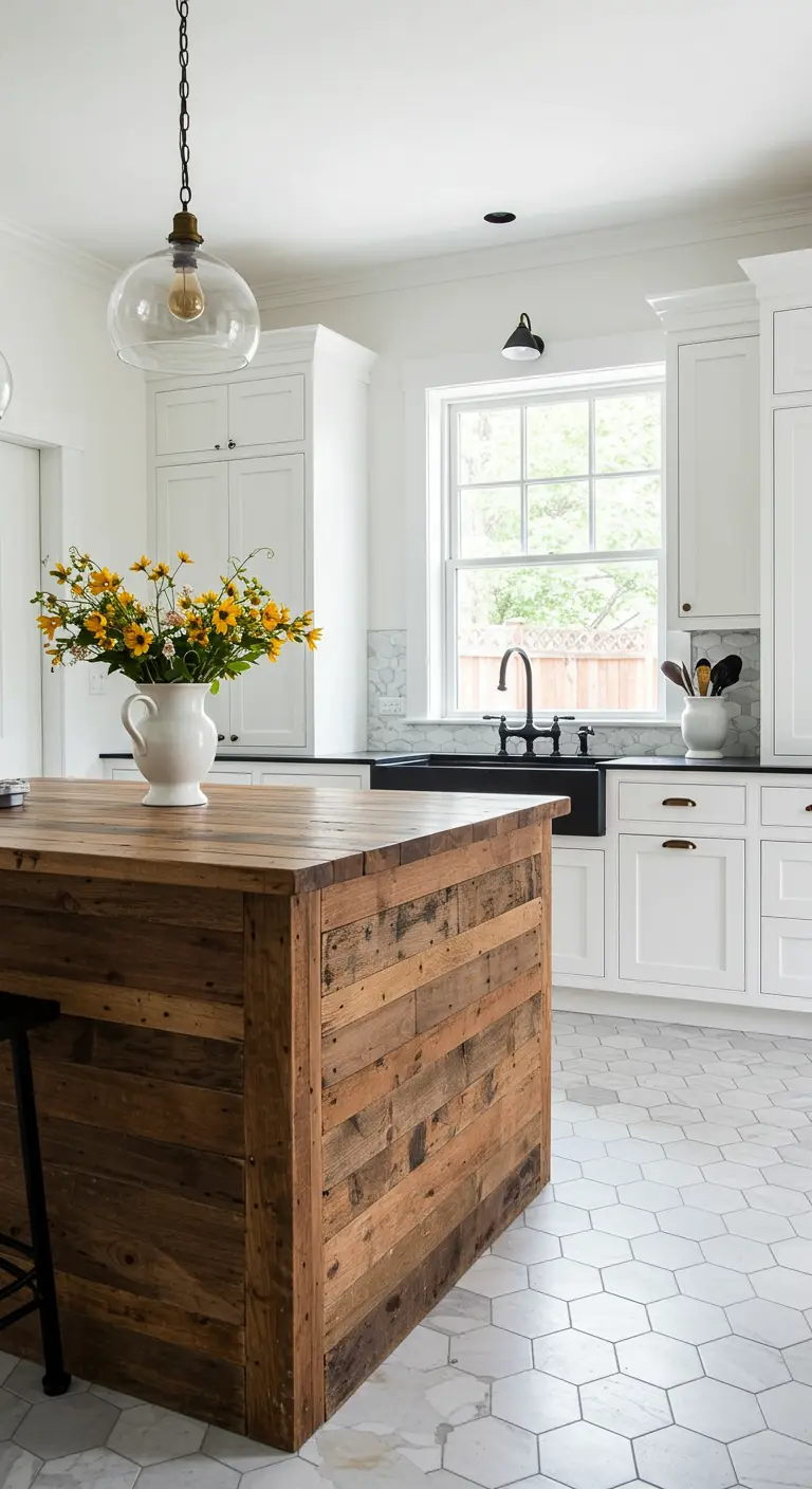 White kitchen with a reclaimed wood island and a white and gray hexagon tile floor.