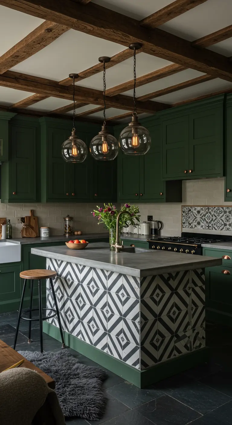 A dark green kitchen with a black-and-white geometric tiled island and exposed wood beams.