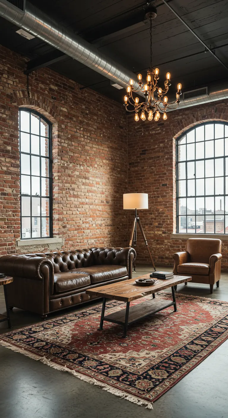 A brown leather Chesterfield sofa in a brick-walled loft living room.