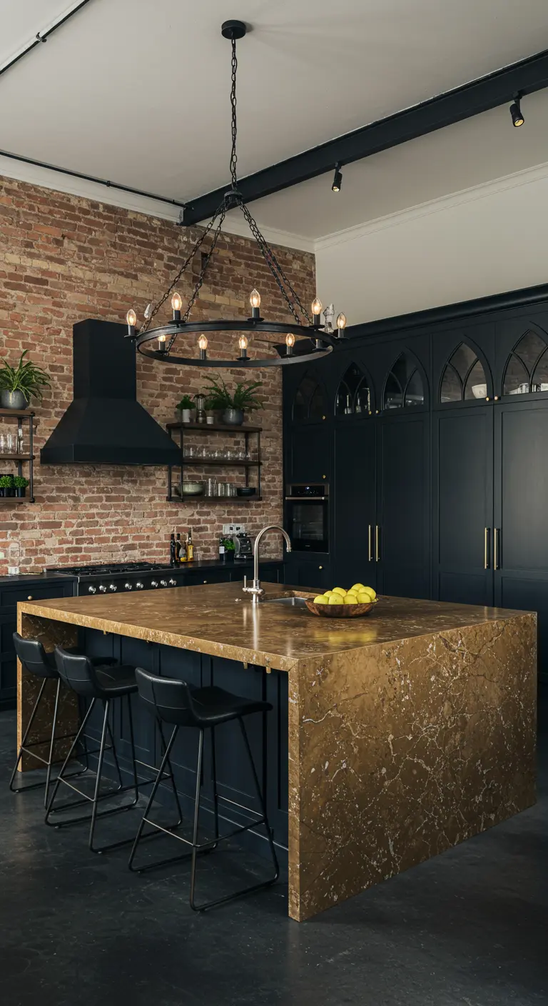 Modern Gothic kitchen with black cabinets, exposed brick wall, and a gold marble island.