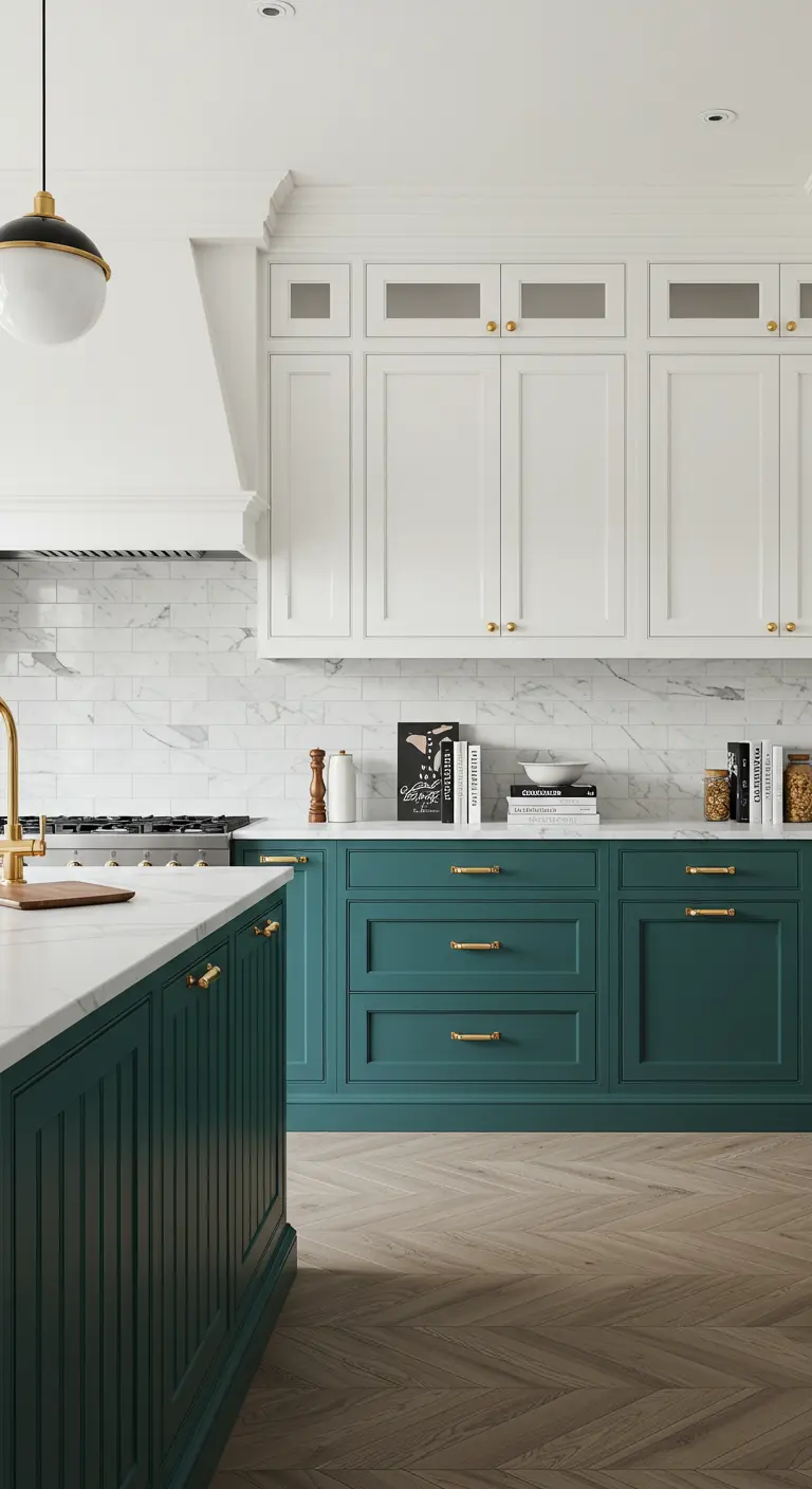 Two-tone kitchen with white upper cabinets and a dark teal fluted island.