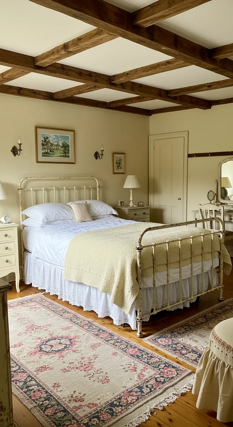 Bedroom with exposed beam ceiling, white iron bed, and a soft yellow throw blanket.