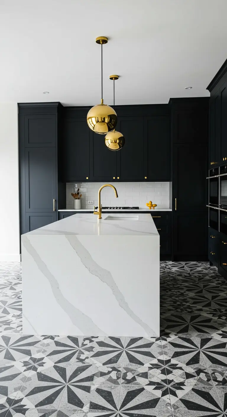 Black kitchen with white waterfall island, gold pendants, and bold geometric floor tiles.