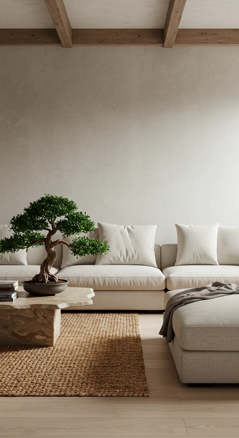 A light and airy living room grounded by a solid stone coffee table and a jute rug.
