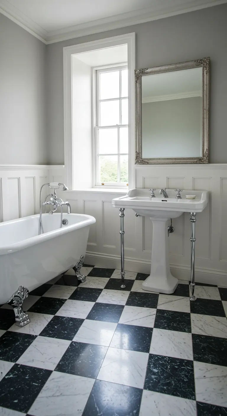 Classic bathroom with black and white checkerboard floor, clawfoot tub, and pedestal sink.