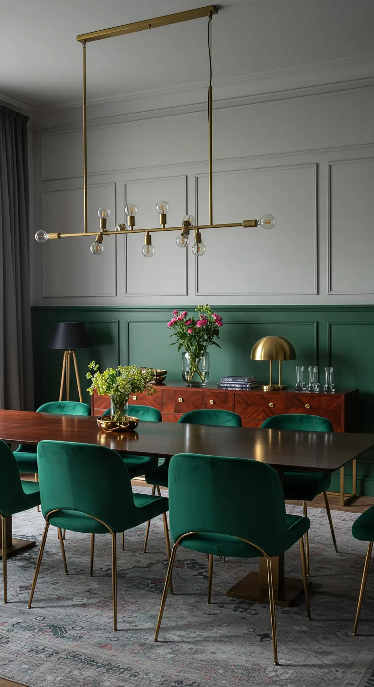 Dining room with emerald green wainscoting, light gray upper walls, and a modern brass chandelier.