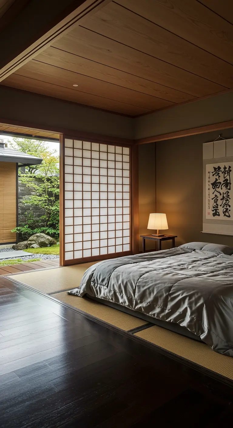 Japanese bedroom with a dark wood floor, low bed on a tatami mat, and a view into a garden.