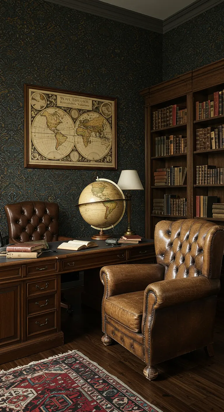 A home office with a large vintage map, a globe, and two different leather armchairs.
