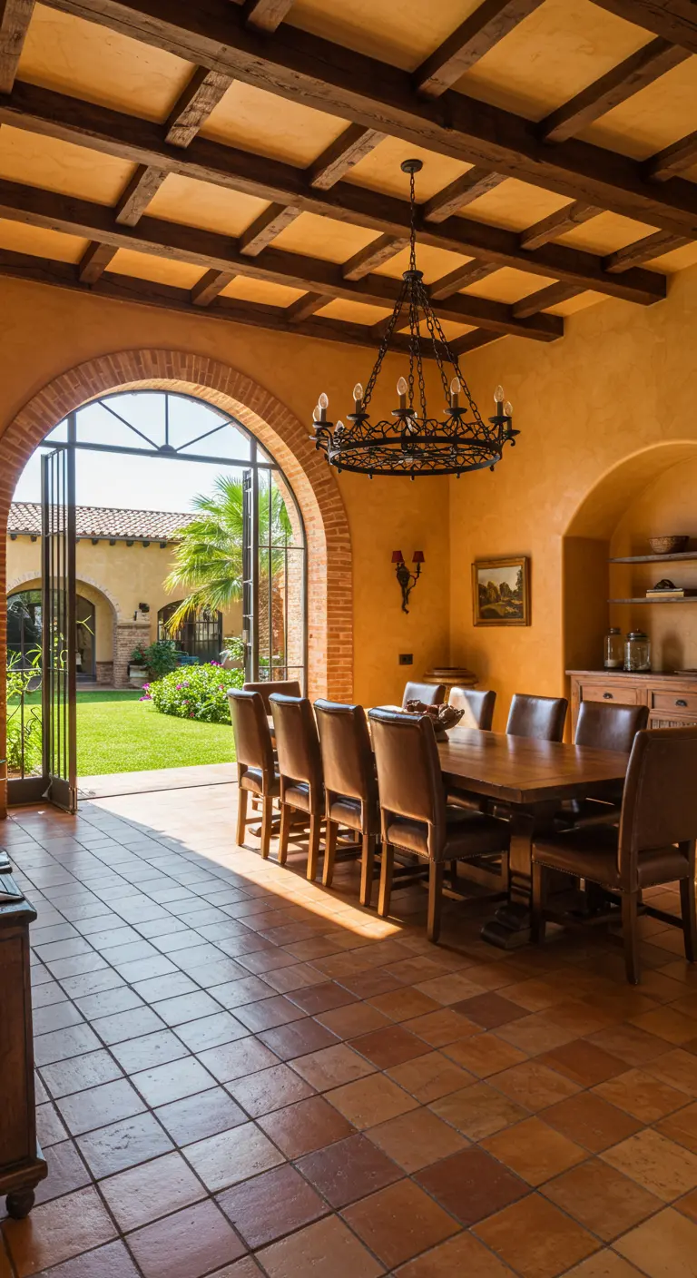 Hacienda-style dining room with terracotta tiles and an arched door leading to a courtyard.
