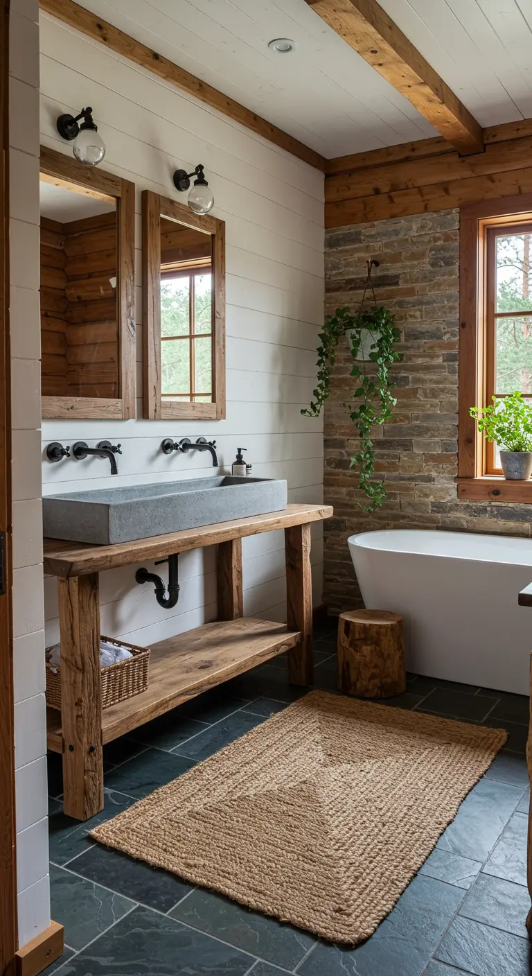 Rustic bathroom with wood and stone walls, a stone trough sink, and a large jute rug.
