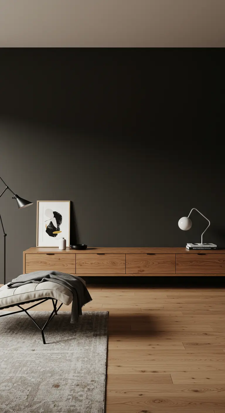 A low-profile white chaise and a long wooden credenza against a dark wall with minimal art.