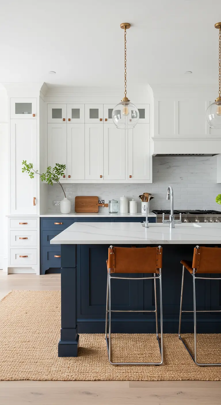 Navy and white kitchen with a large jute rug and leather-strap bar stools.