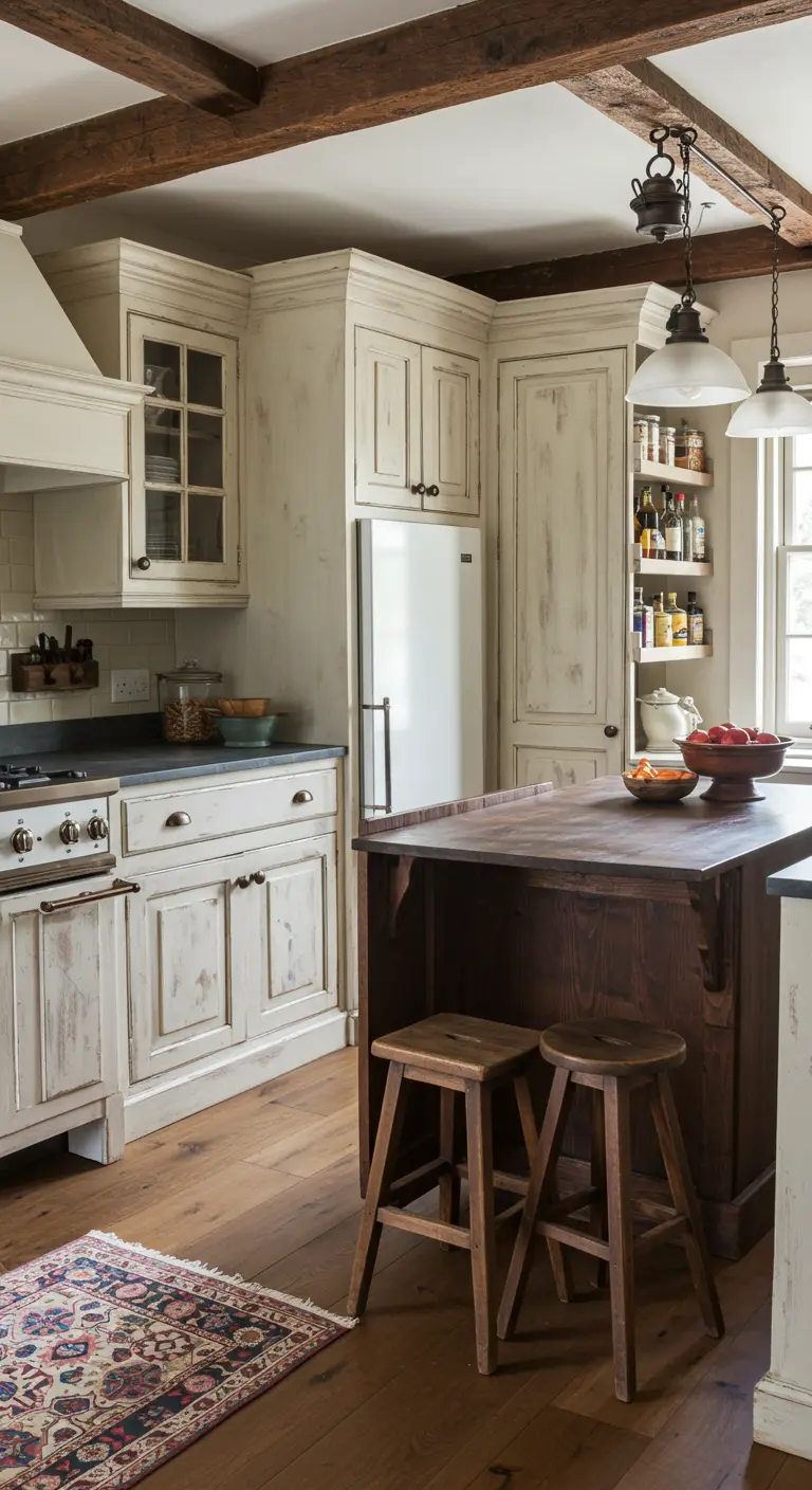 Rustic farmhouse kitchen with distressed white cabinets and a dark wood island with stools.