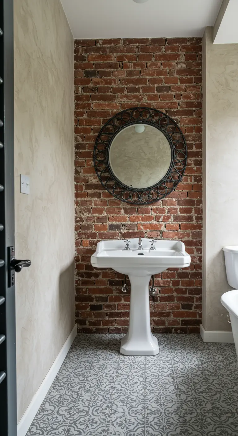 Bathroom with a pedestal sink set against an exposed brick wall.