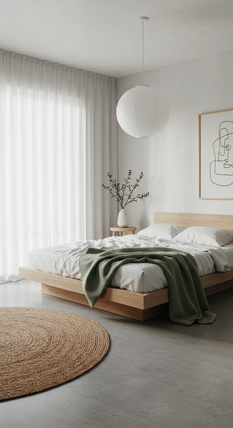 Minimalist bedroom with a platform bed, green throw, and a round jute rug on a concrete floor.