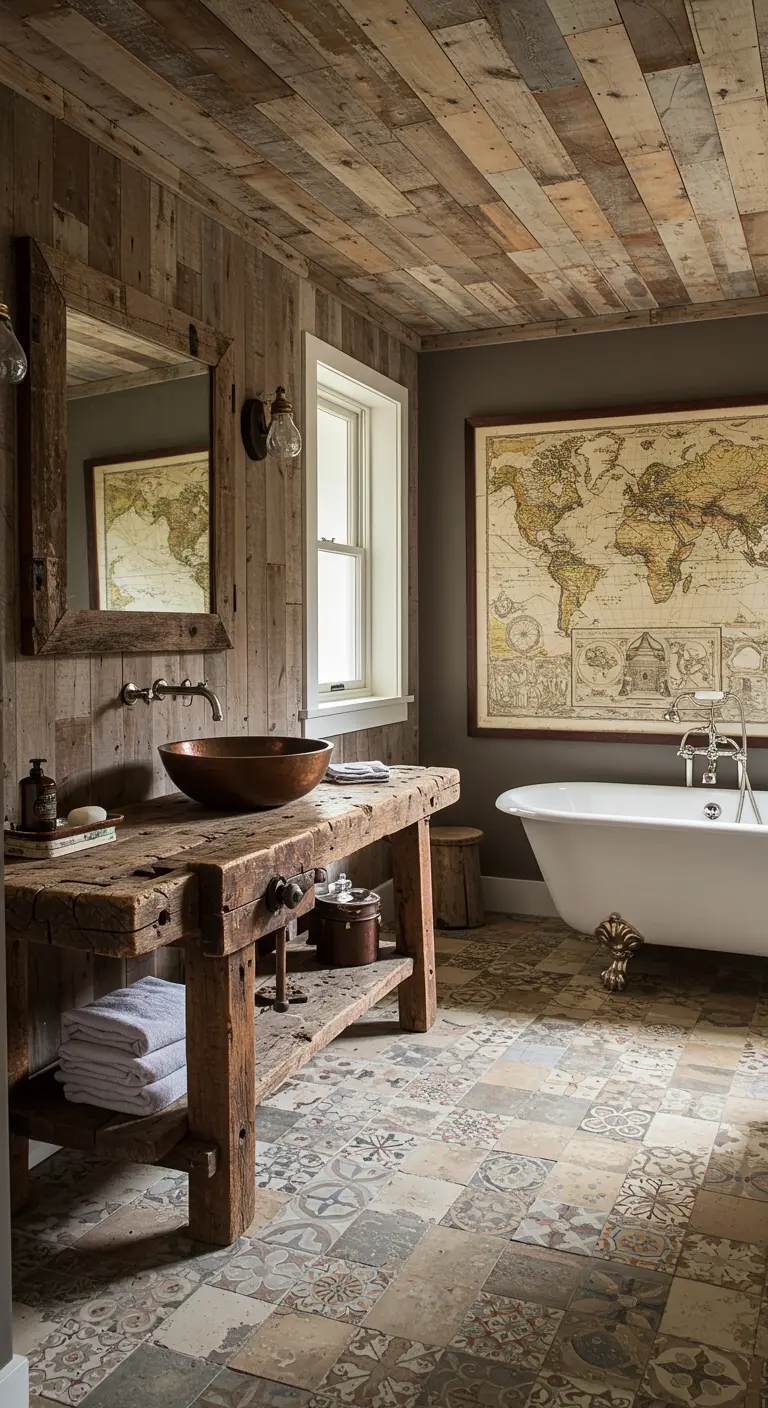 Rustic bathroom with reclaimed wood walls and a large world map artwork.