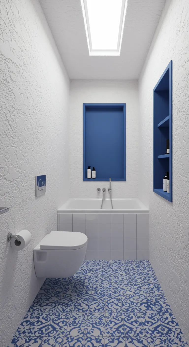 White bathroom with bold blue and white patterned floor tiles and blue niches.