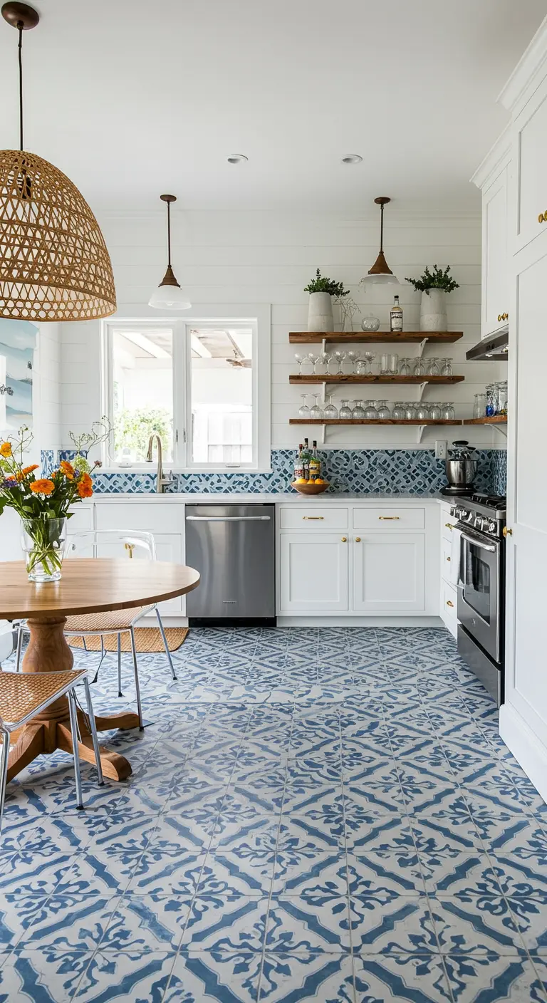 A kitchen with a bold blue and white patterned tile floor and a large woven pendant.