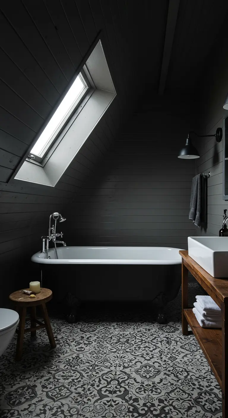 Attic bathroom with dark shiplap walls, a patterned tile floor, and a clawfoot tub under a skylight.