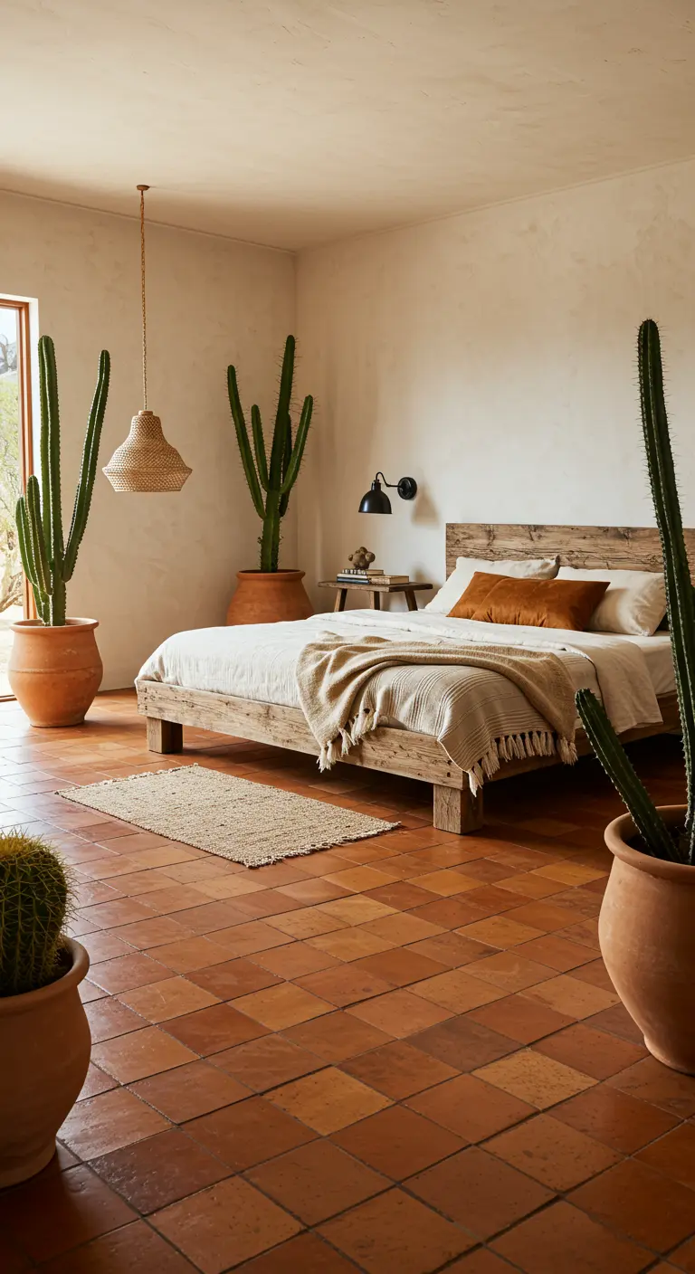 Rustic bedroom with terracotta tile floors and large potted cacti.