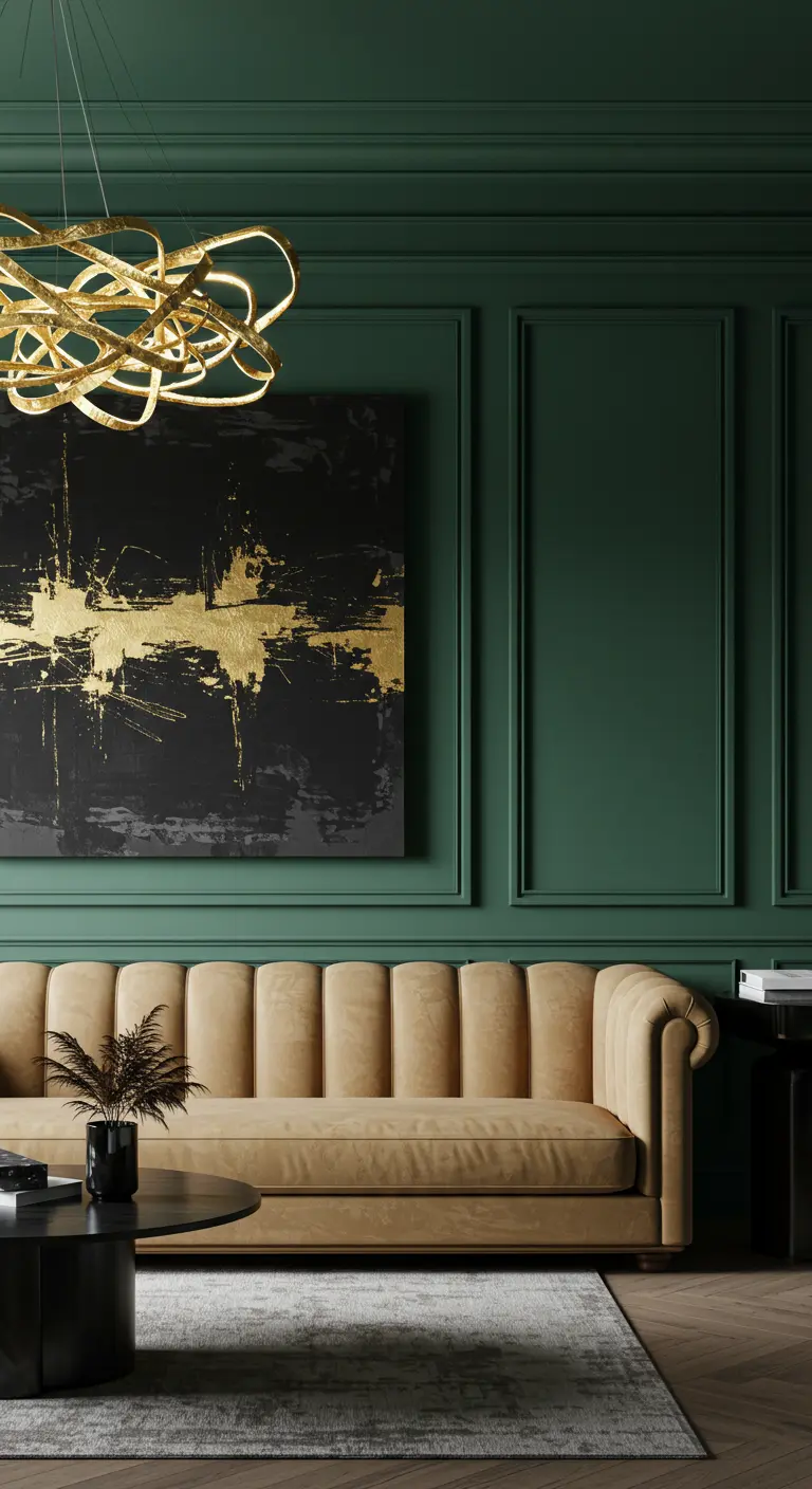 Living room with emerald walls, a tan leather channel-tufted sofa, and a sculptural gold chandelier.