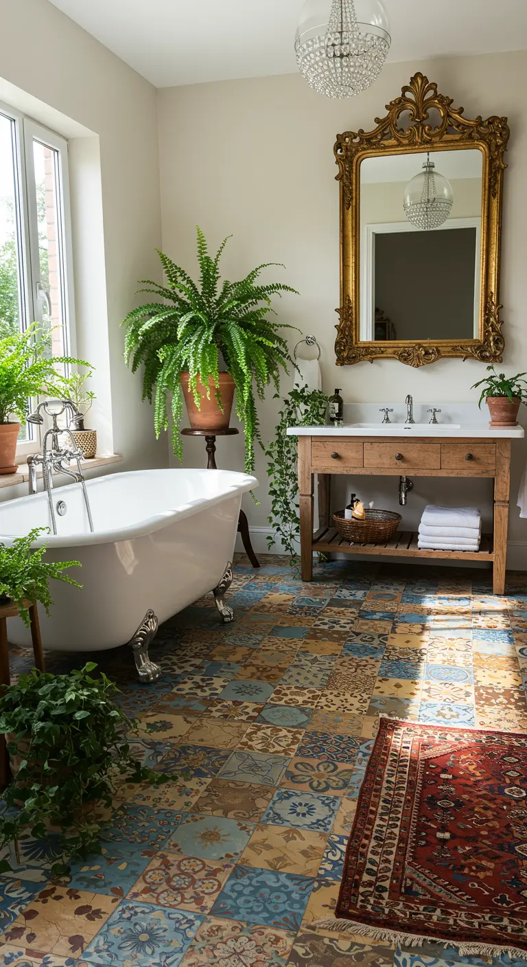 Eclectic bathroom with patchwork tiles, a clawfoot tub, gold mirror, and numerous potted plants.