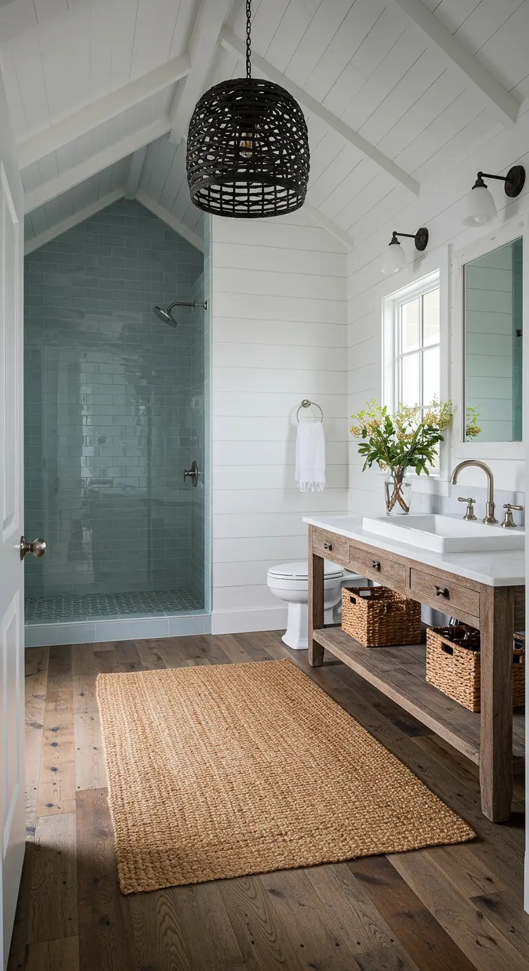 Farmhouse bathroom with shiplap walls and a black rattan pendant light.