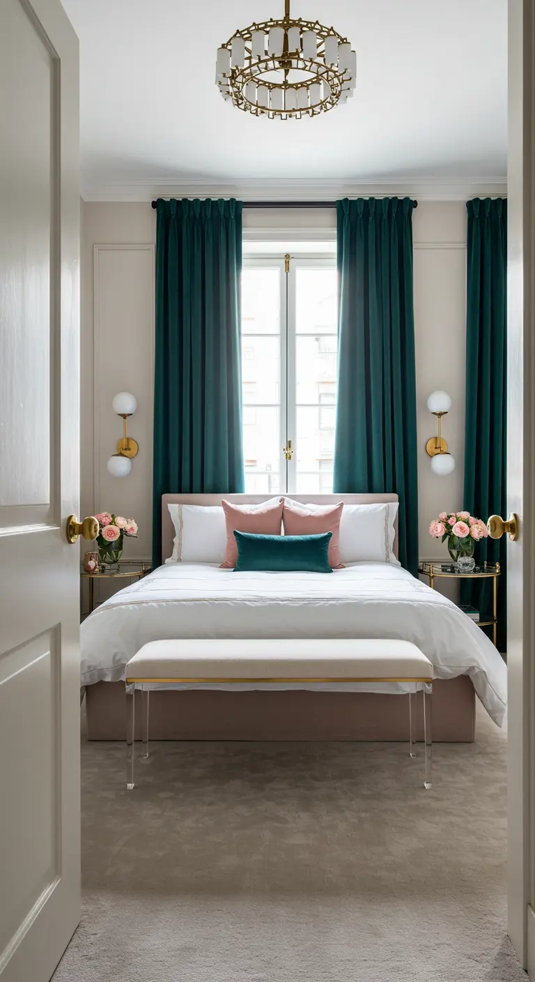 Bedroom with deep teal velvet curtains and a transparent acrylic bench at the foot of the bed.