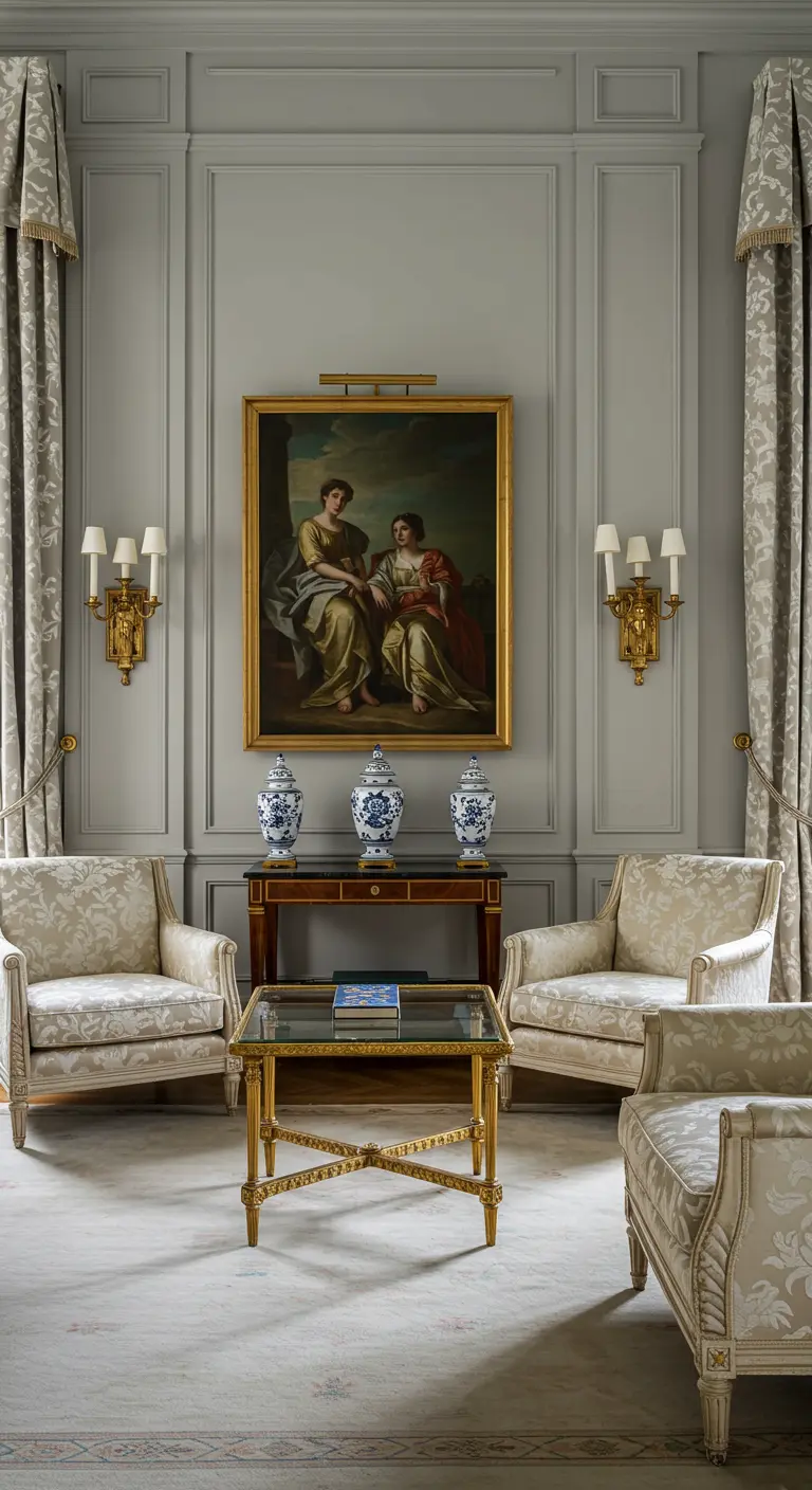 Formal sitting room with gray paneled walls, symmetrical armchairs, and a classical painting.
