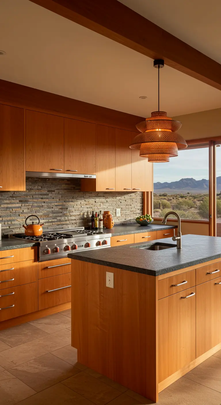 Teak kitchen with a stacked stone backsplash overlooking a desert landscape.