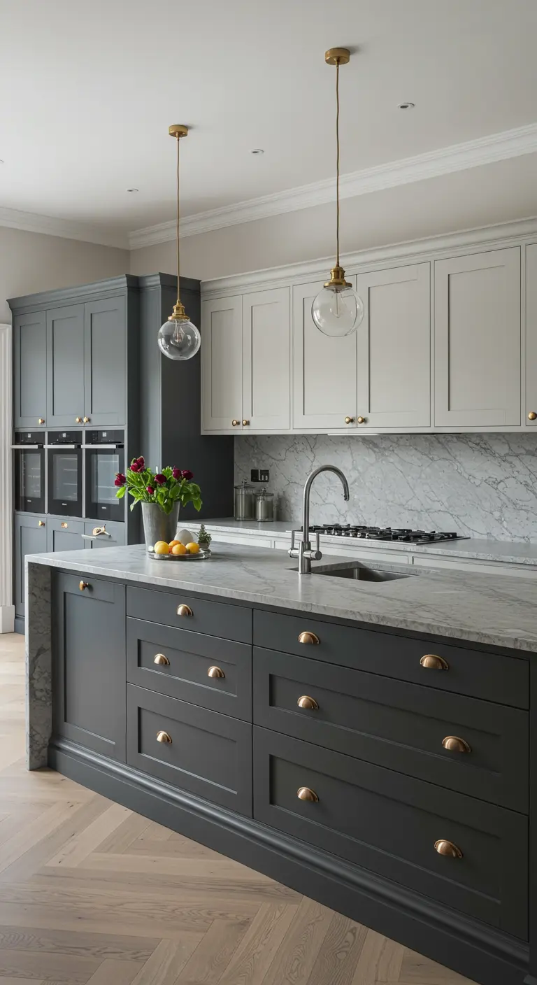 Two-tone kitchen with a dark charcoal grey island and light grey wall cabinets, with a marble backsplash.