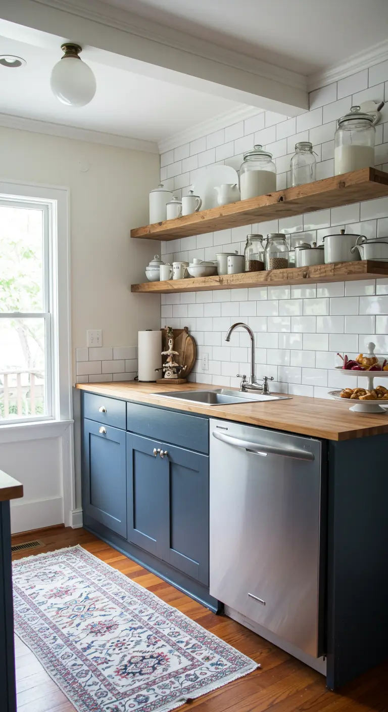 A farmhouse-style kitchen with dusty blue base cabinets, wood countertops, and white subway tiles.