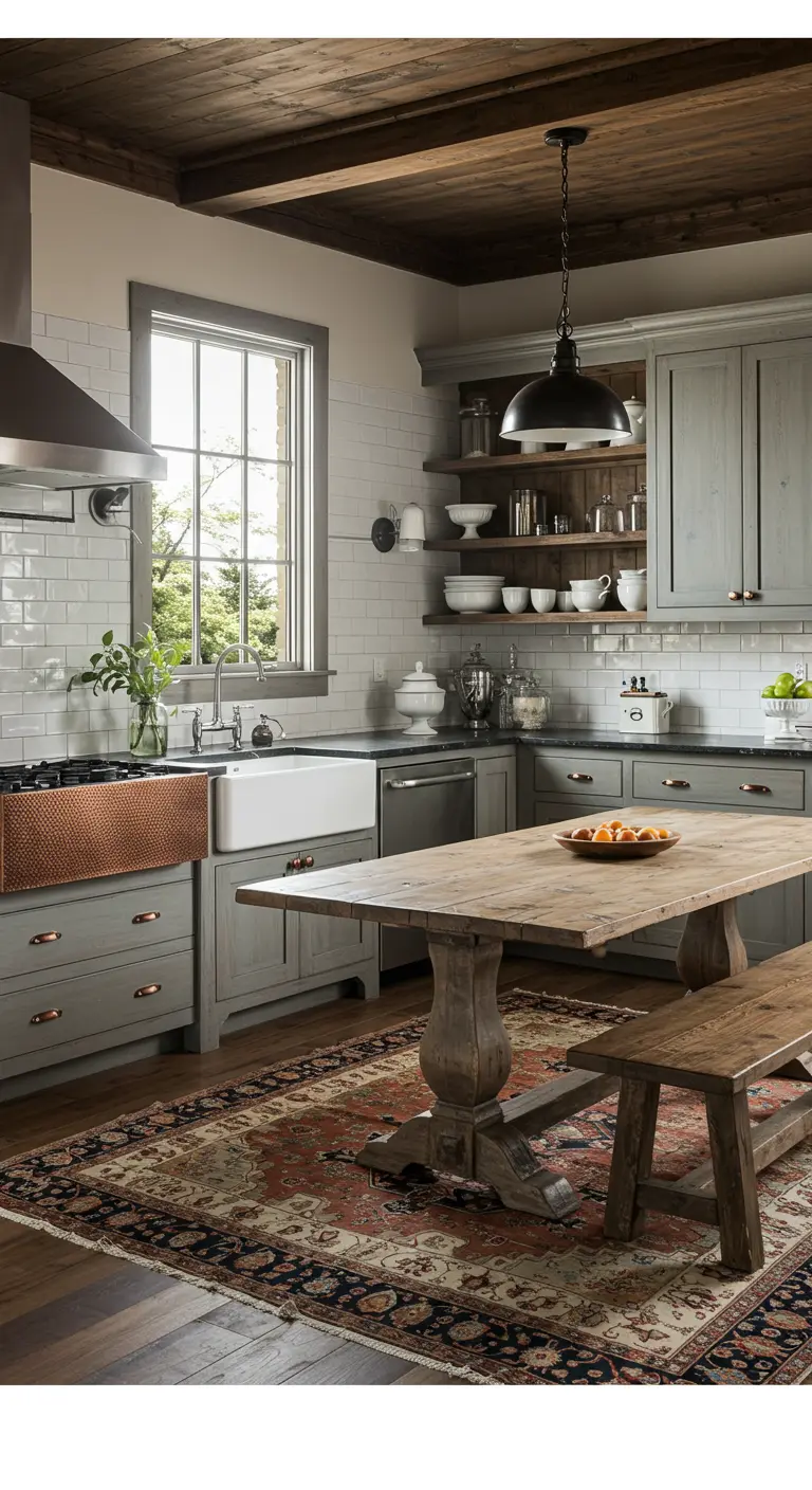 Rustic farmhouse kitchen with gray cabinets, a copper sink, and a large oriental rug.
