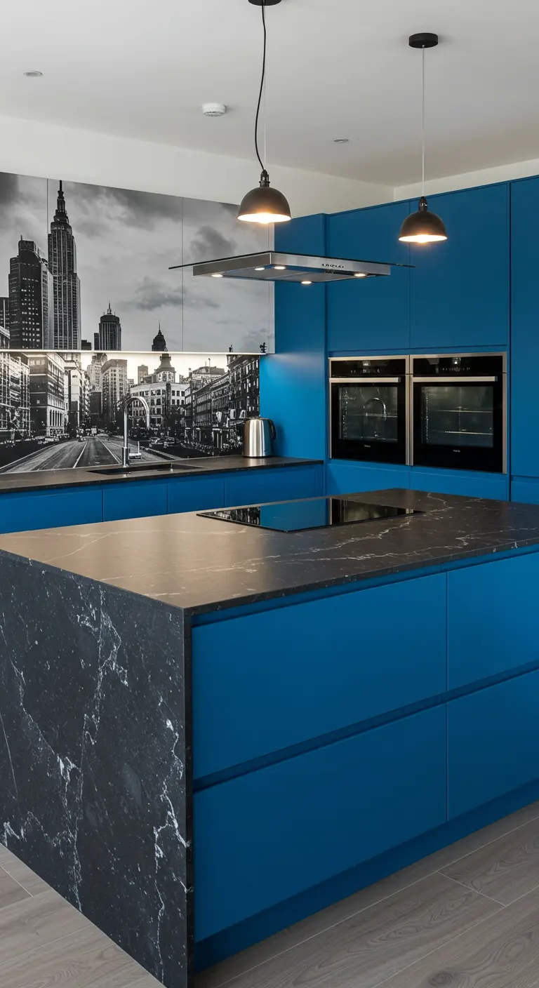 Modern kitchen with blue cabinets, a black marble waterfall island, and a cityscape backsplash.