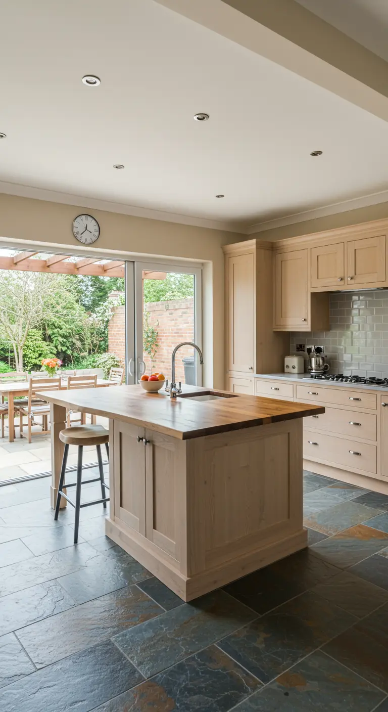 Farmhouse kitchen with wood cabinets and a dark slate tile floor opening to a patio.